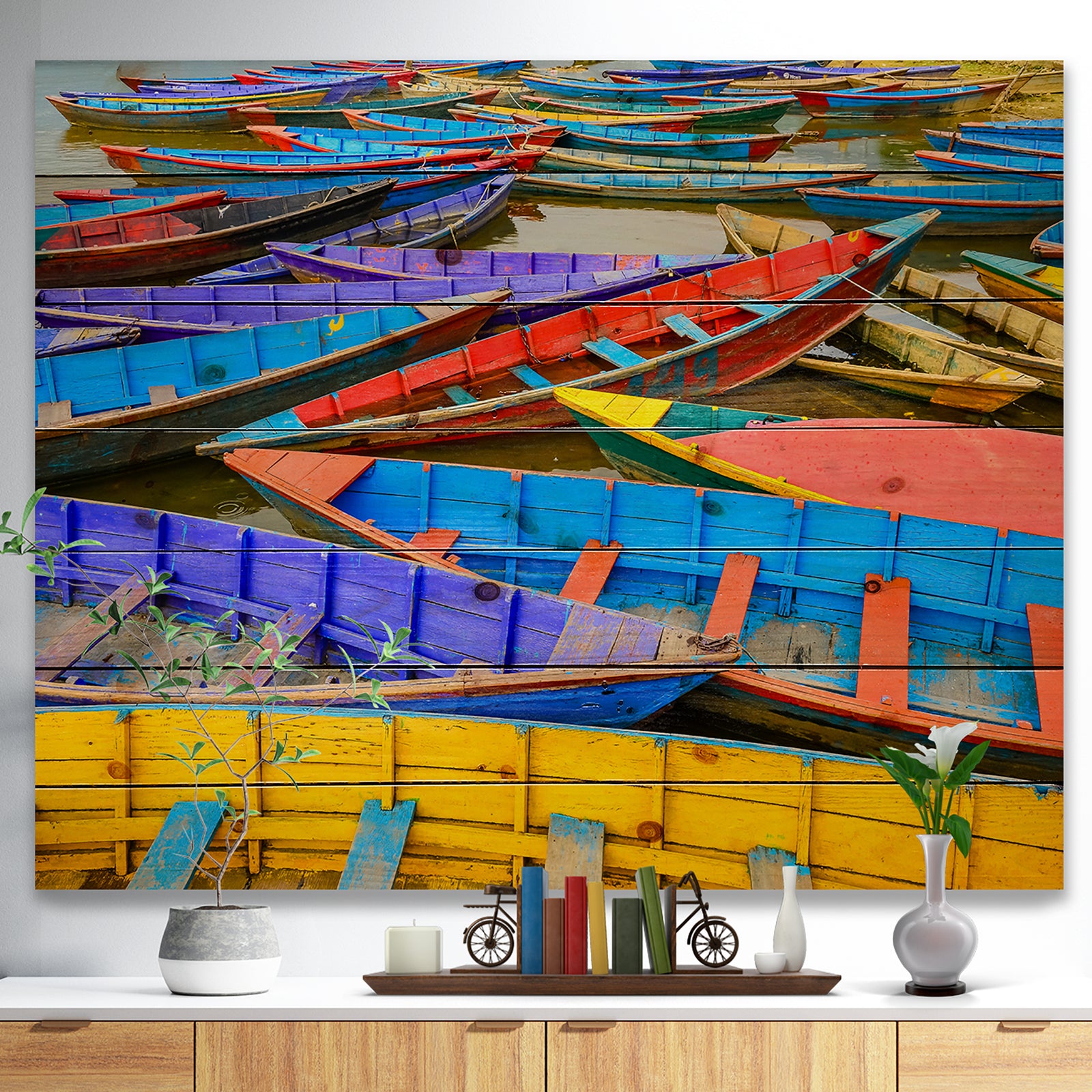 Old Colorful Sailboats in Lake - Boat Print on Natural Pine Wood