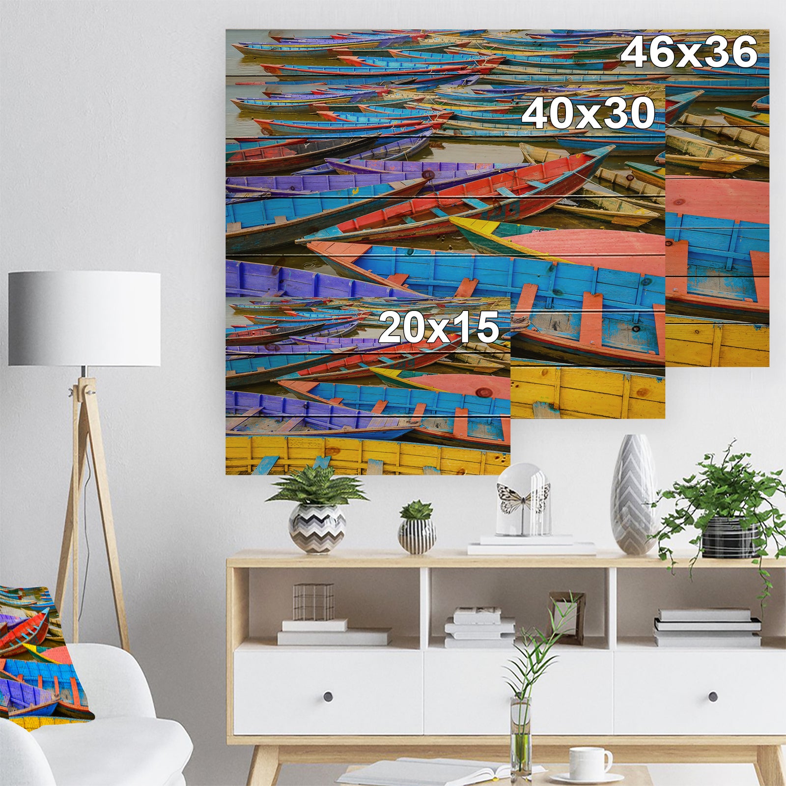 Old Colorful Sailboats in Lake - Boat Print on Natural Pine Wood