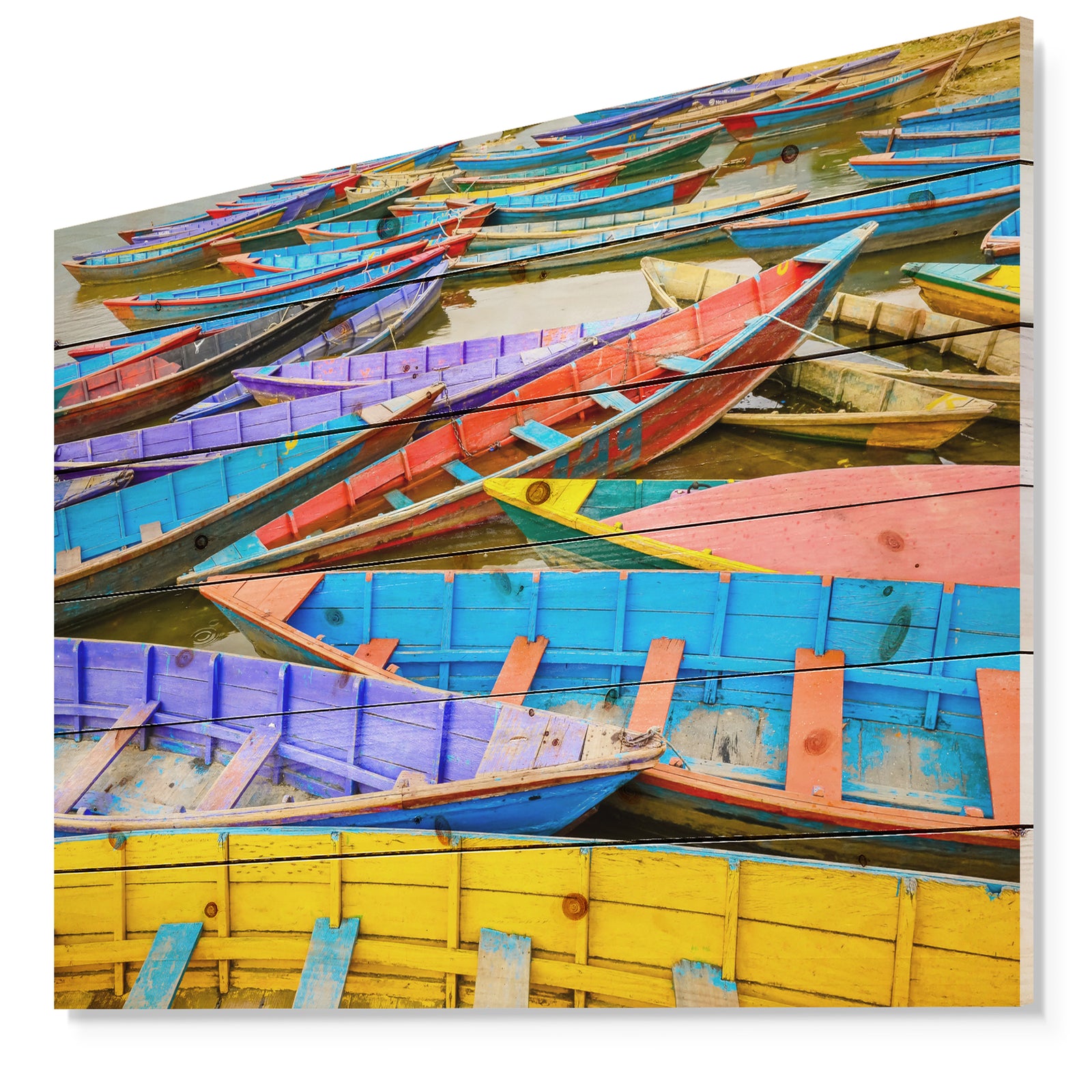 Old Colorful Sailboats in Lake - Boat Print on Natural Pine Wood