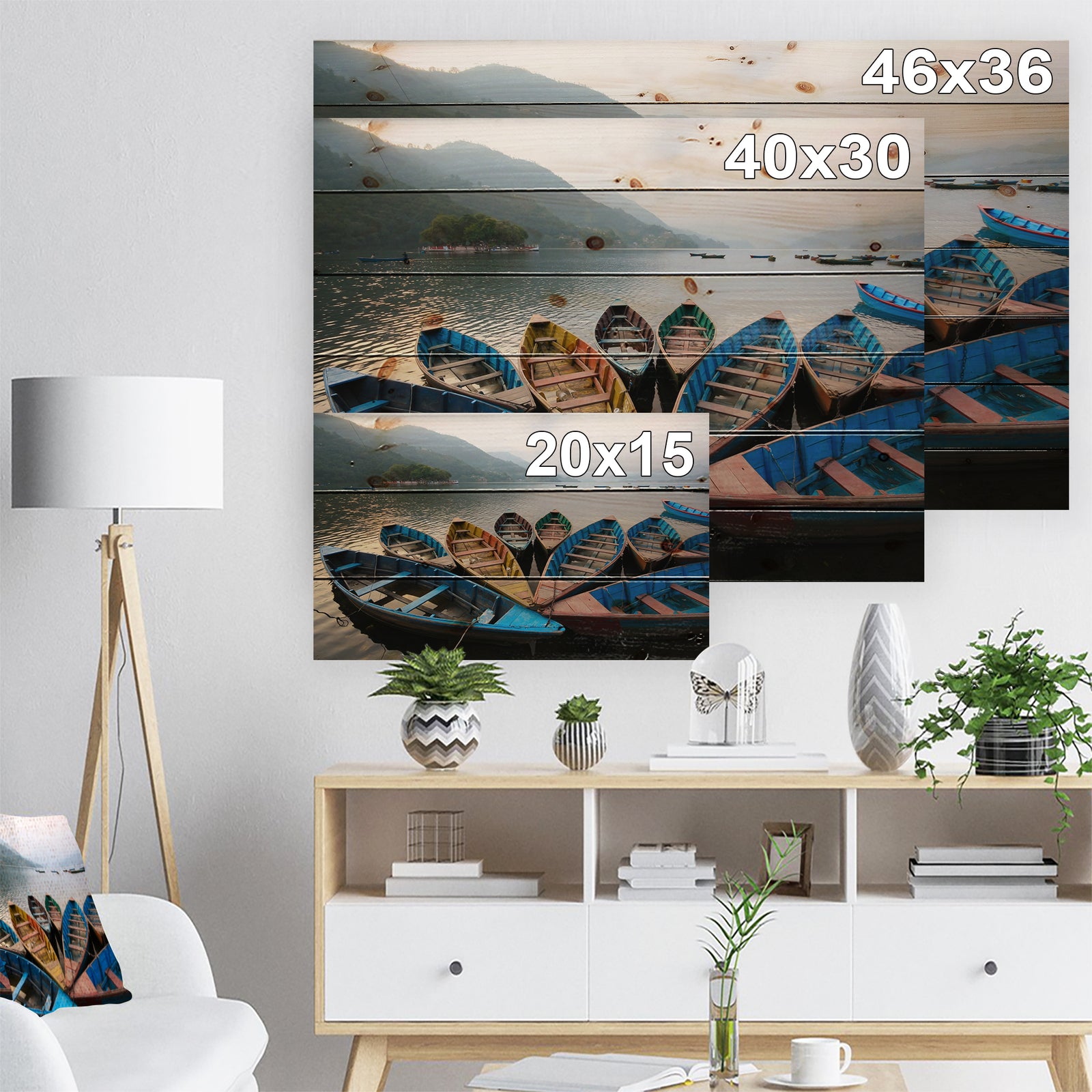 Beautiful Boats in Phewa Lake - Boat Print on Natural Pine Wood
