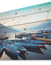 Blue Wooden Boats in Lake - Boat Print on Natural Pine Wood