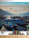 Blue Wooden Boats in Lake - Boat Print on Natural Pine Wood