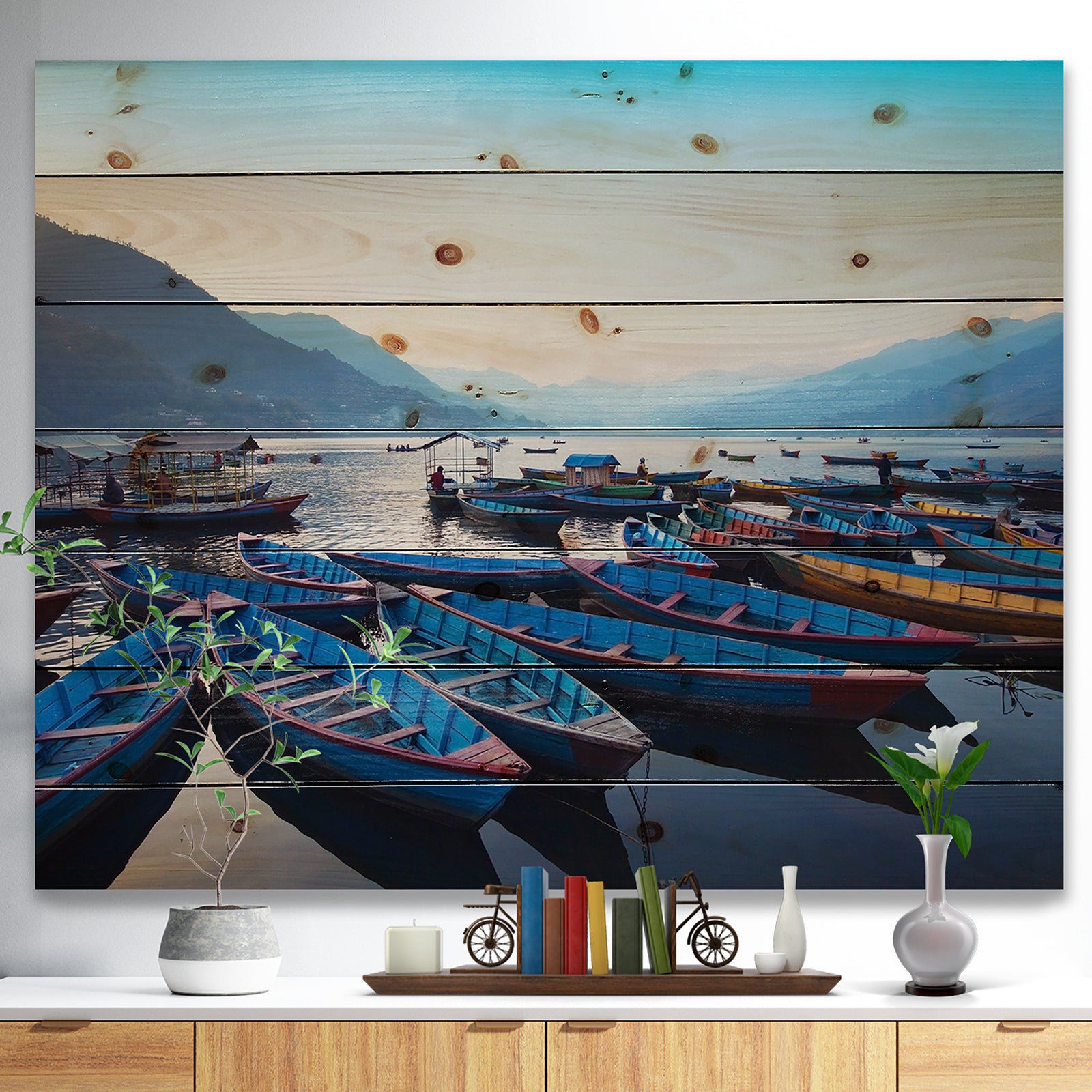 Blue Wooden Boats in Lake - Boat Print on Natural Pine Wood