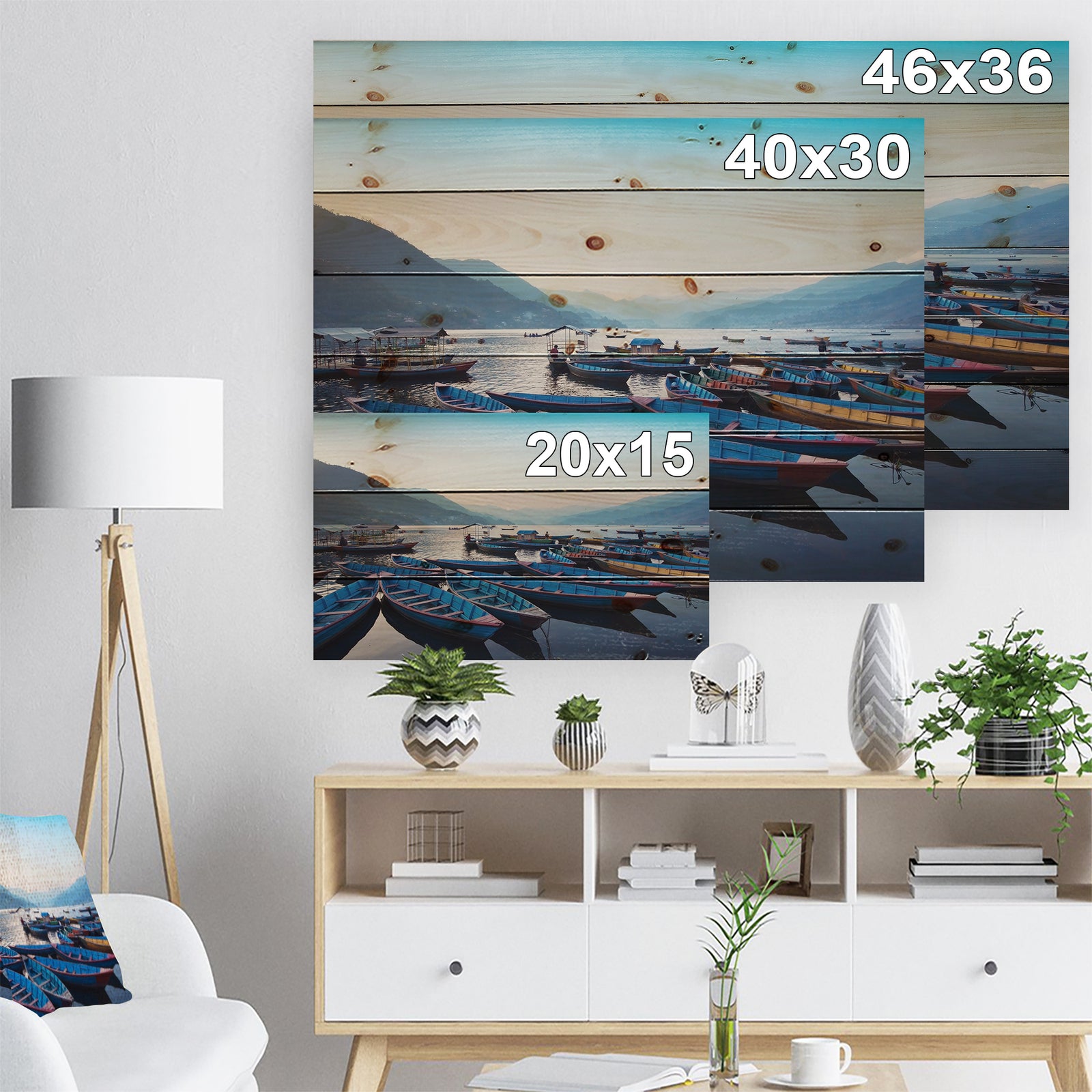 Blue Wooden Boats in Lake - Boat Print on Natural Pine Wood