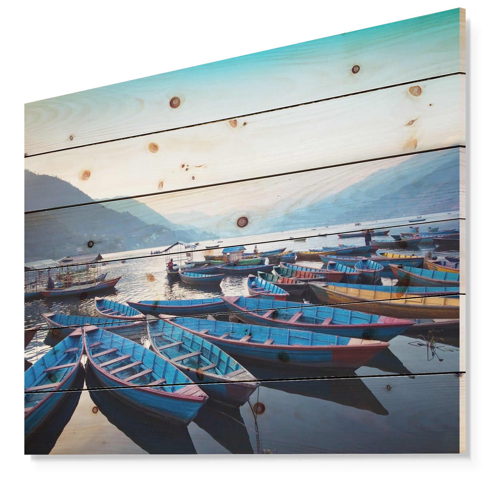 Blue Wooden Boats in Lake - Boat Print on Natural Pine Wood