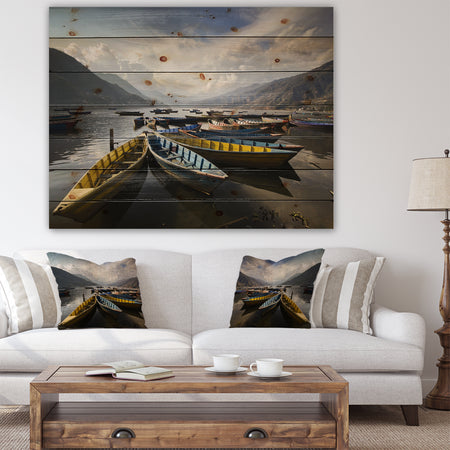 Pokhara Lakeside Boats - Boat Print on Natural Pine Wood