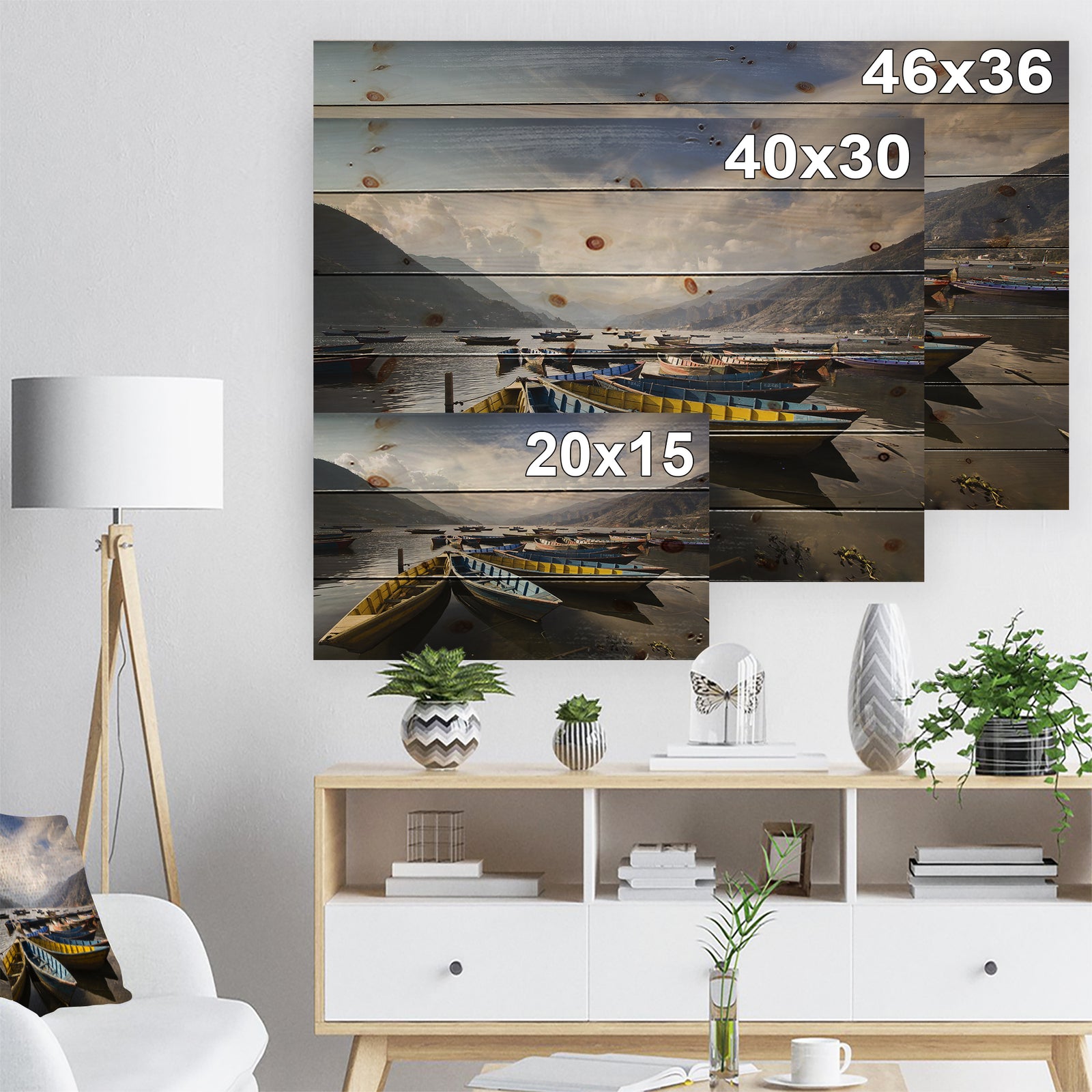Pokhara Lakeside Boats - Boat Print on Natural Pine Wood