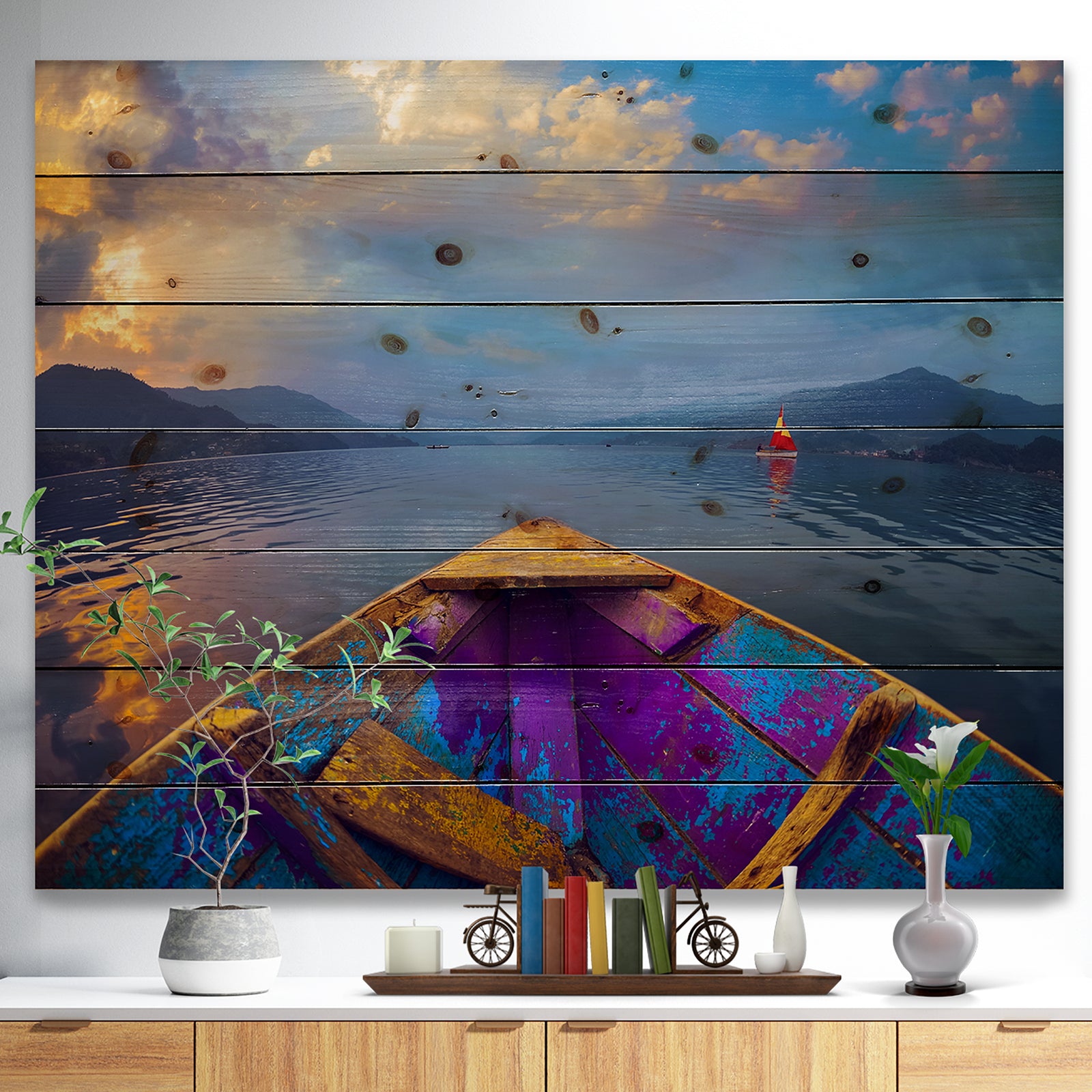 Boat in Himalaya Mountains Lake - Boat Print on Natural Pine Wood