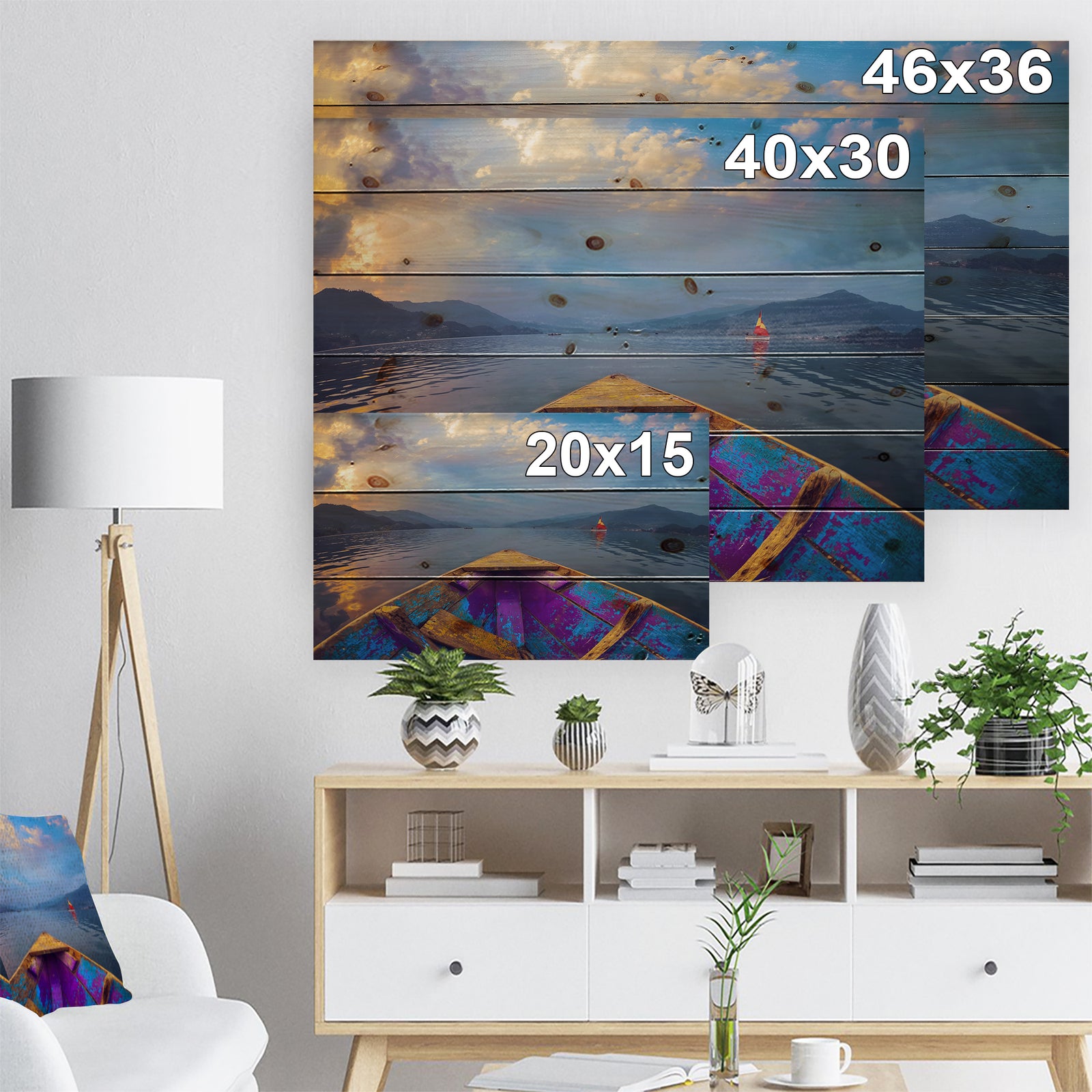 Boat in Himalaya Mountains Lake - Boat Print on Natural Pine Wood