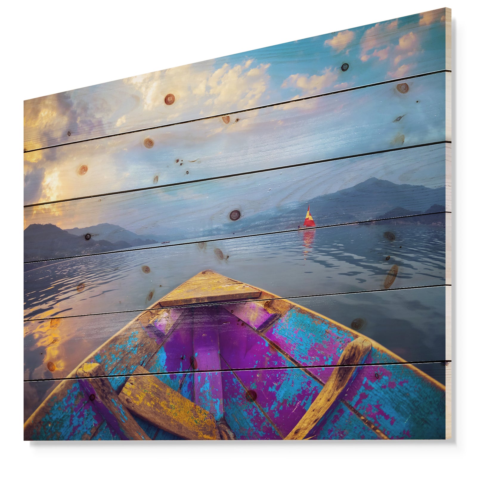 Boat in Himalaya Mountains Lake - Boat Print on Natural Pine Wood