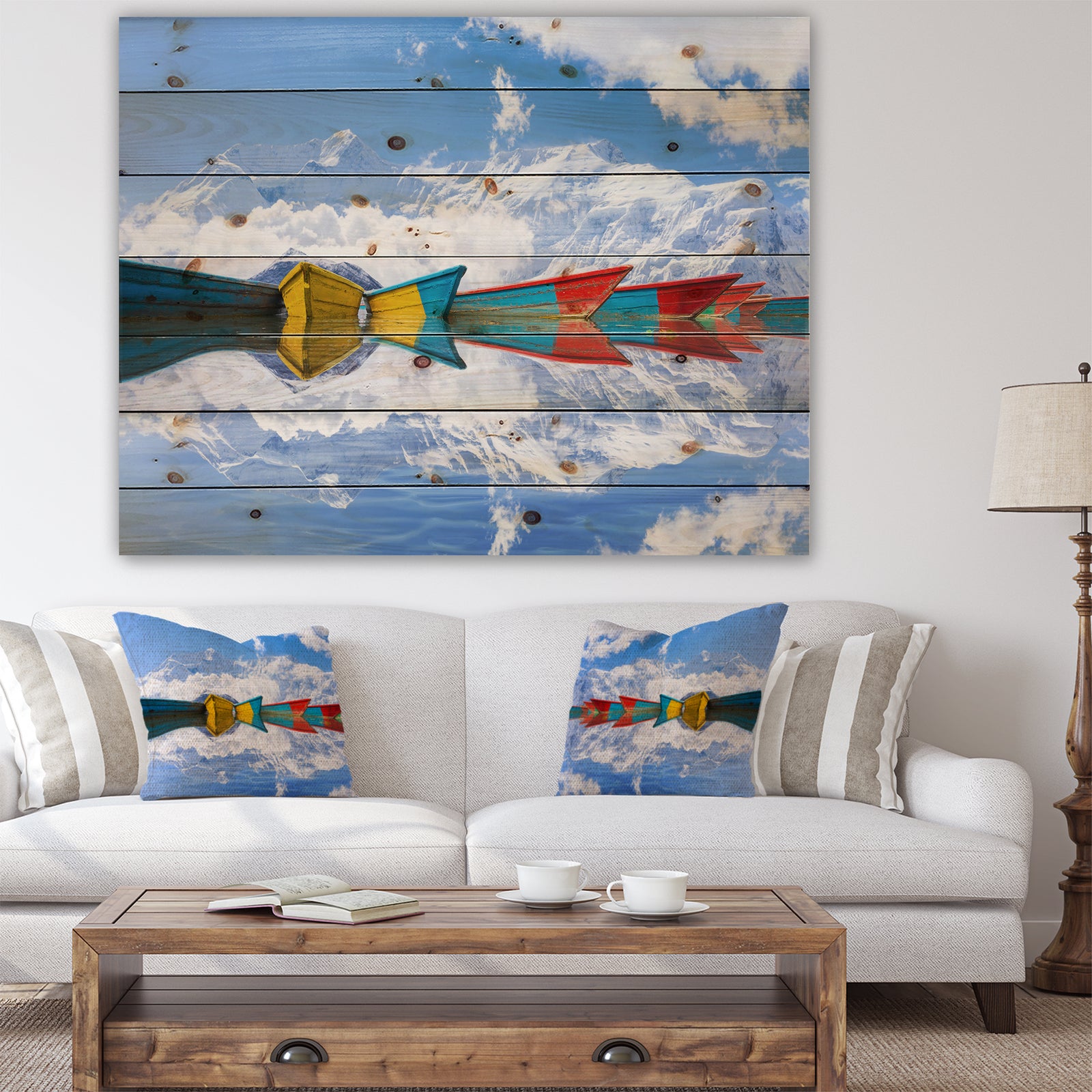 Moving Colorful Boats in Lake - Boat Print on Natural Pine Wood