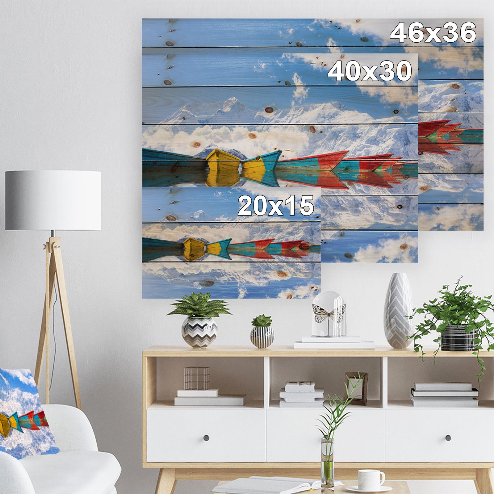 Moving Colorful Boats in Lake - Boat Print on Natural Pine Wood