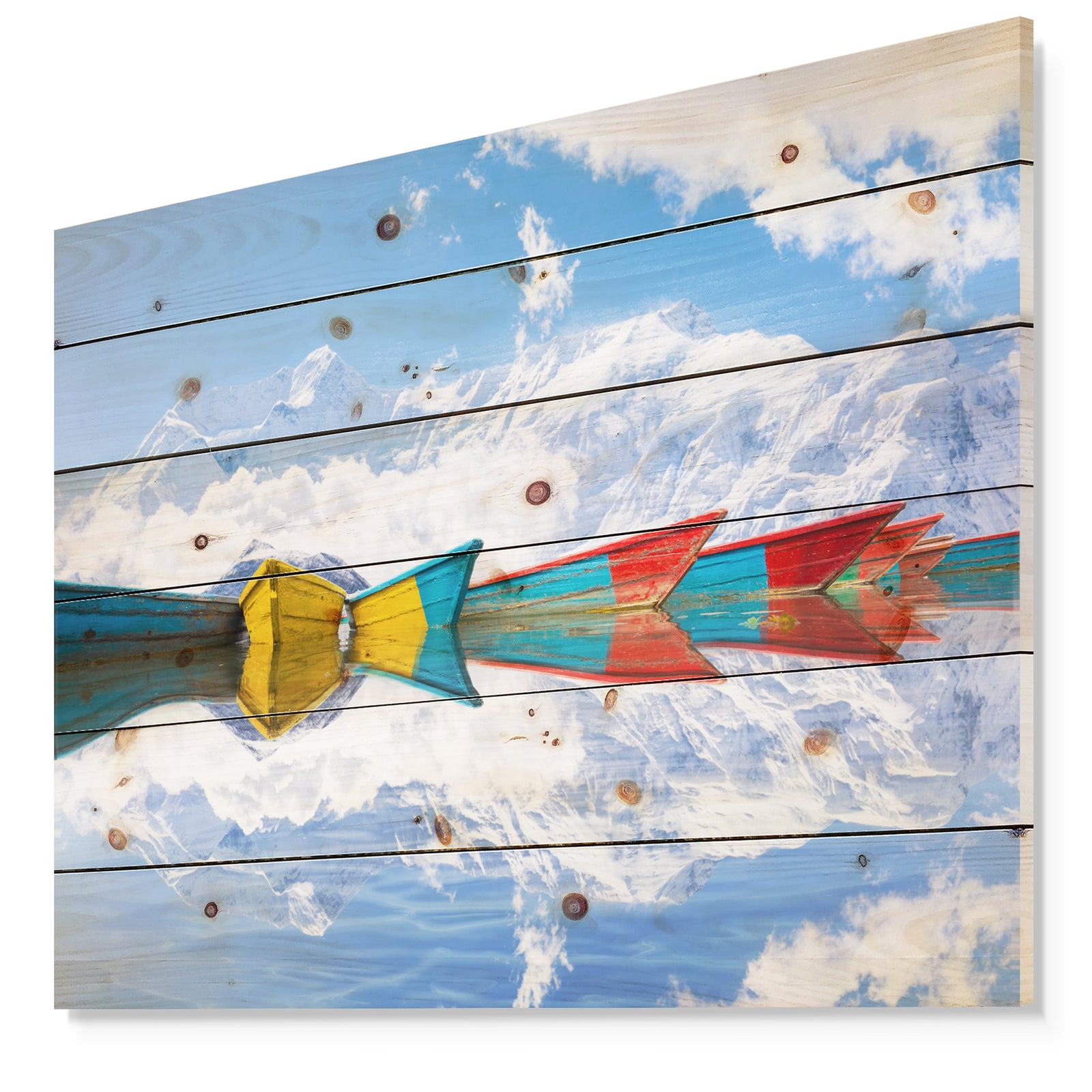 Moving Colorful Boats in Lake - Boat Print on Natural Pine Wood