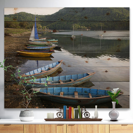 Wonderful View of Pokhara Boats - Boat Print on Natural Pine Wood
