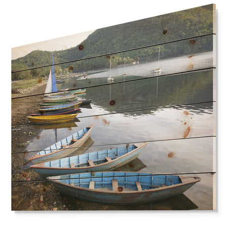 Wonderful View of Pokhara Boats - Boat Print on Natural Pine Wood
