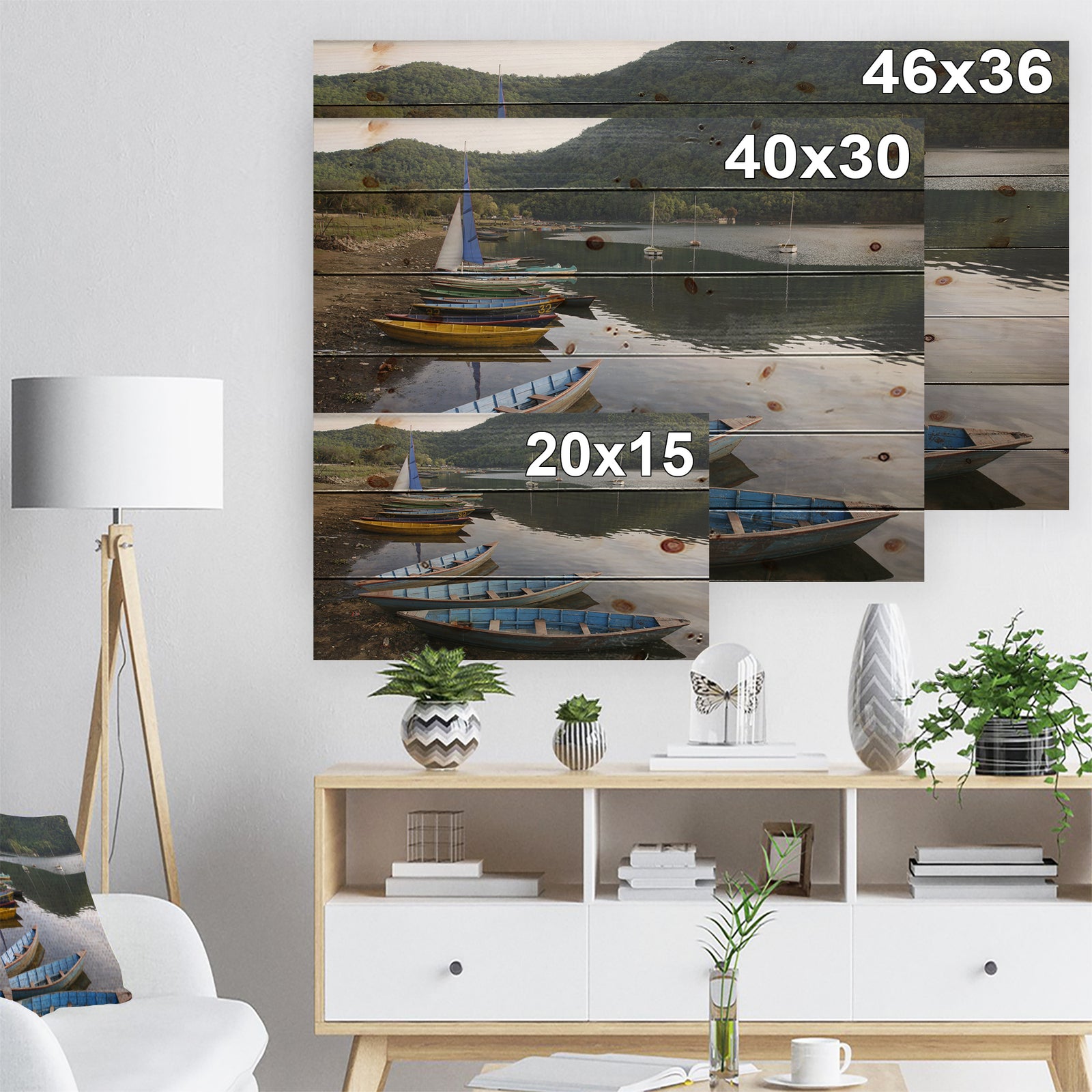 Wonderful View of Pokhara Boats - Boat Print on Natural Pine Wood
