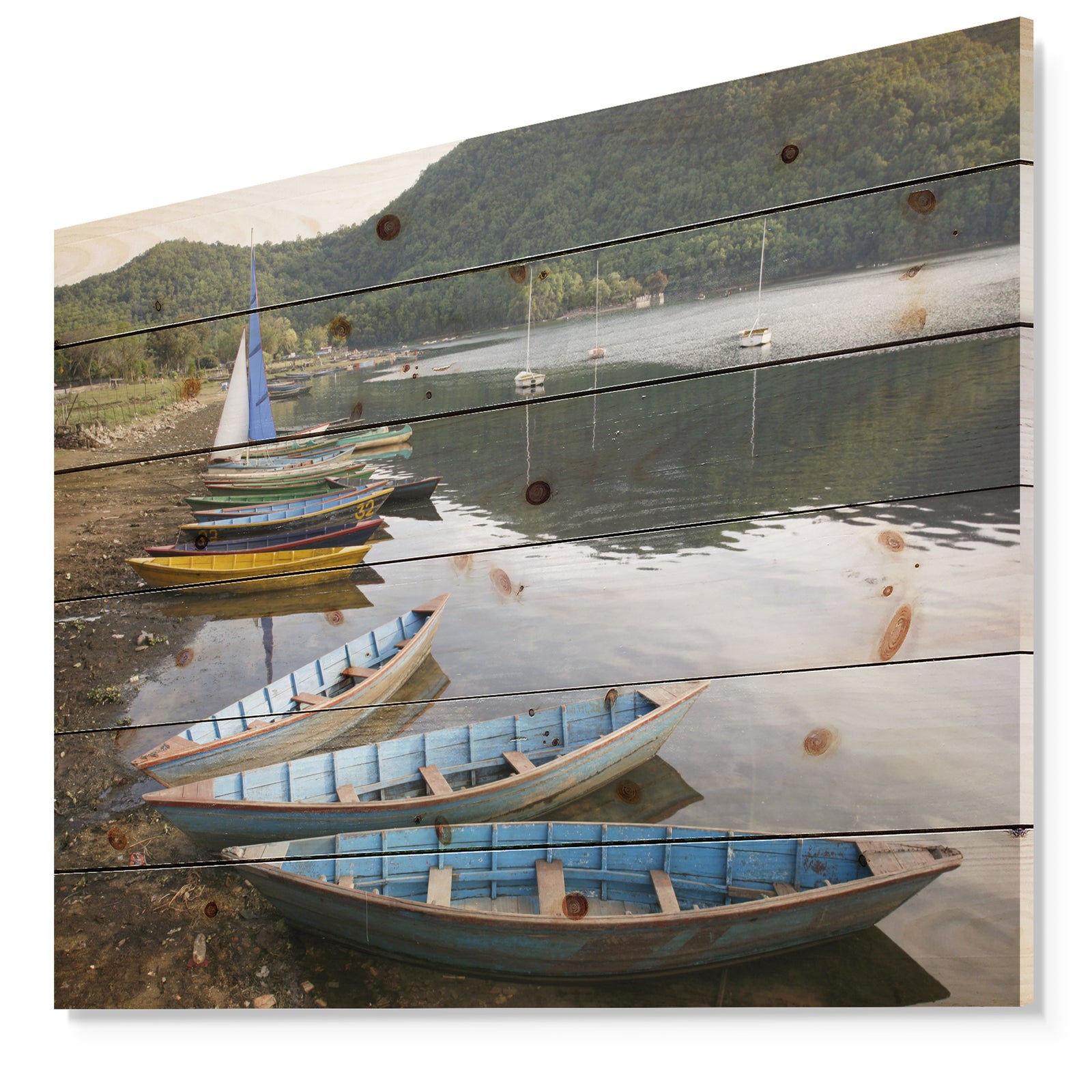 Wonderful View of Pokhara Boats - Boat Print on Natural Pine Wood