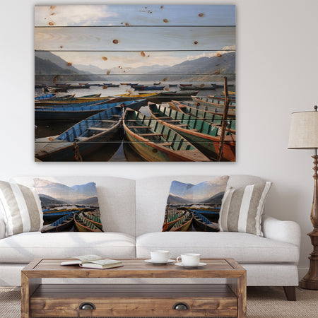 Colorful Boats Pokhara Lake - Boat Print on Natural Pine Wood