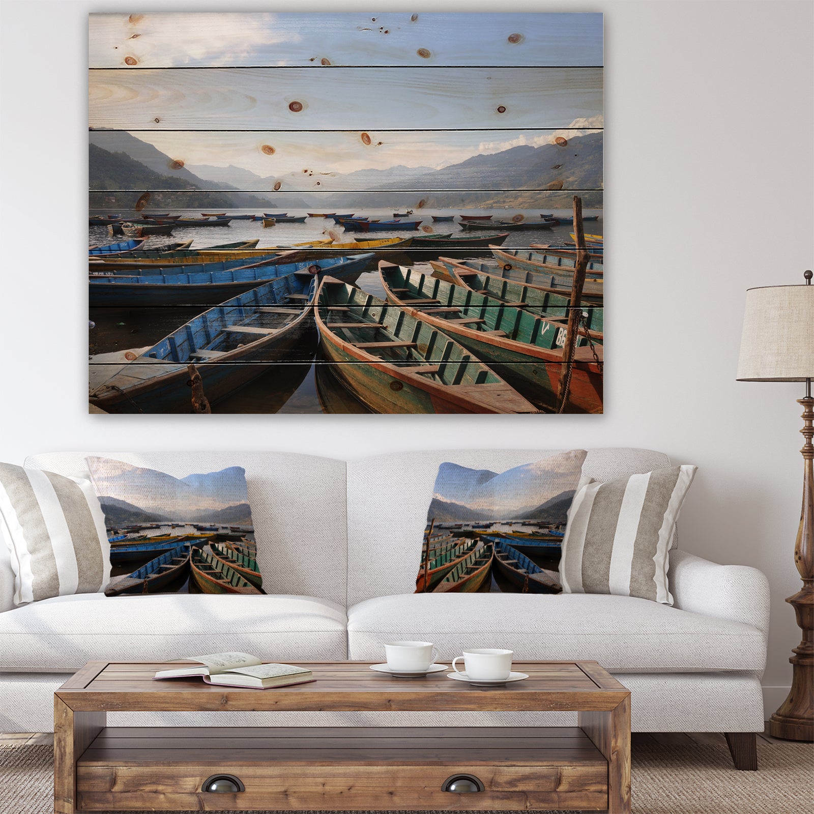 Colorful Boats Pokhara Lake - Boat Print on Natural Pine Wood