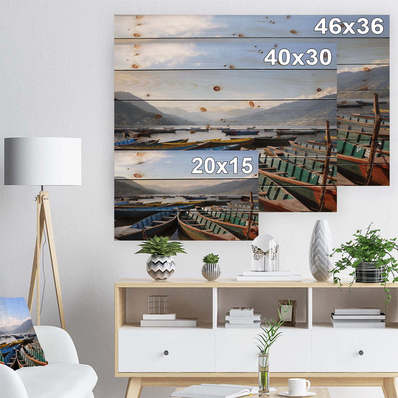 Colorful Boats Pokhara Lake - Boat Print on Natural Pine Wood