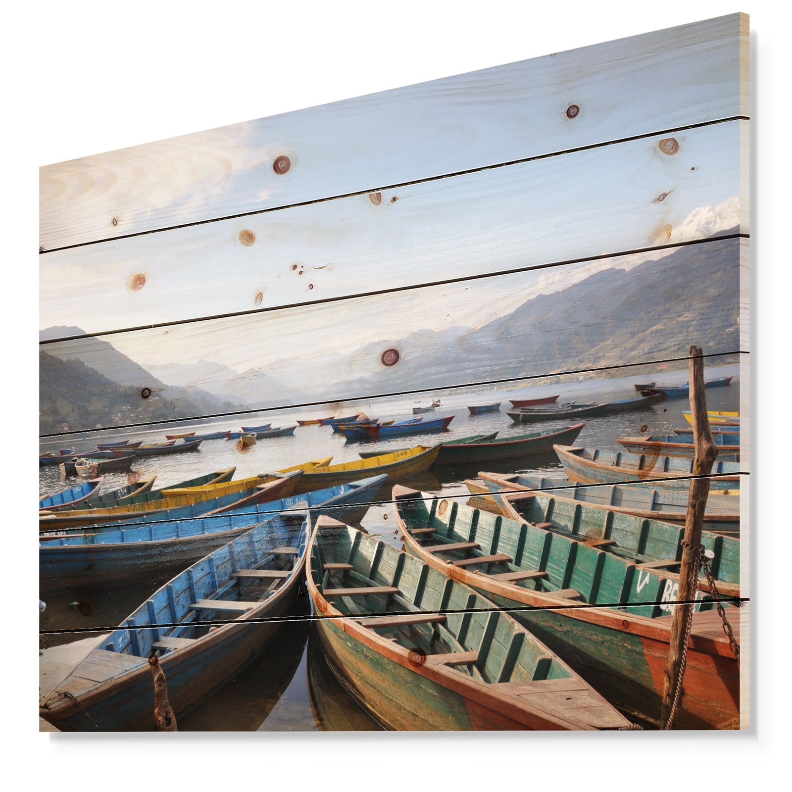 Colorful Boats Pokhara Lake - Boat Print on Natural Pine Wood