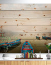 Moving Boats in Mountain Lake - Boat Print on Natural Pine Wood