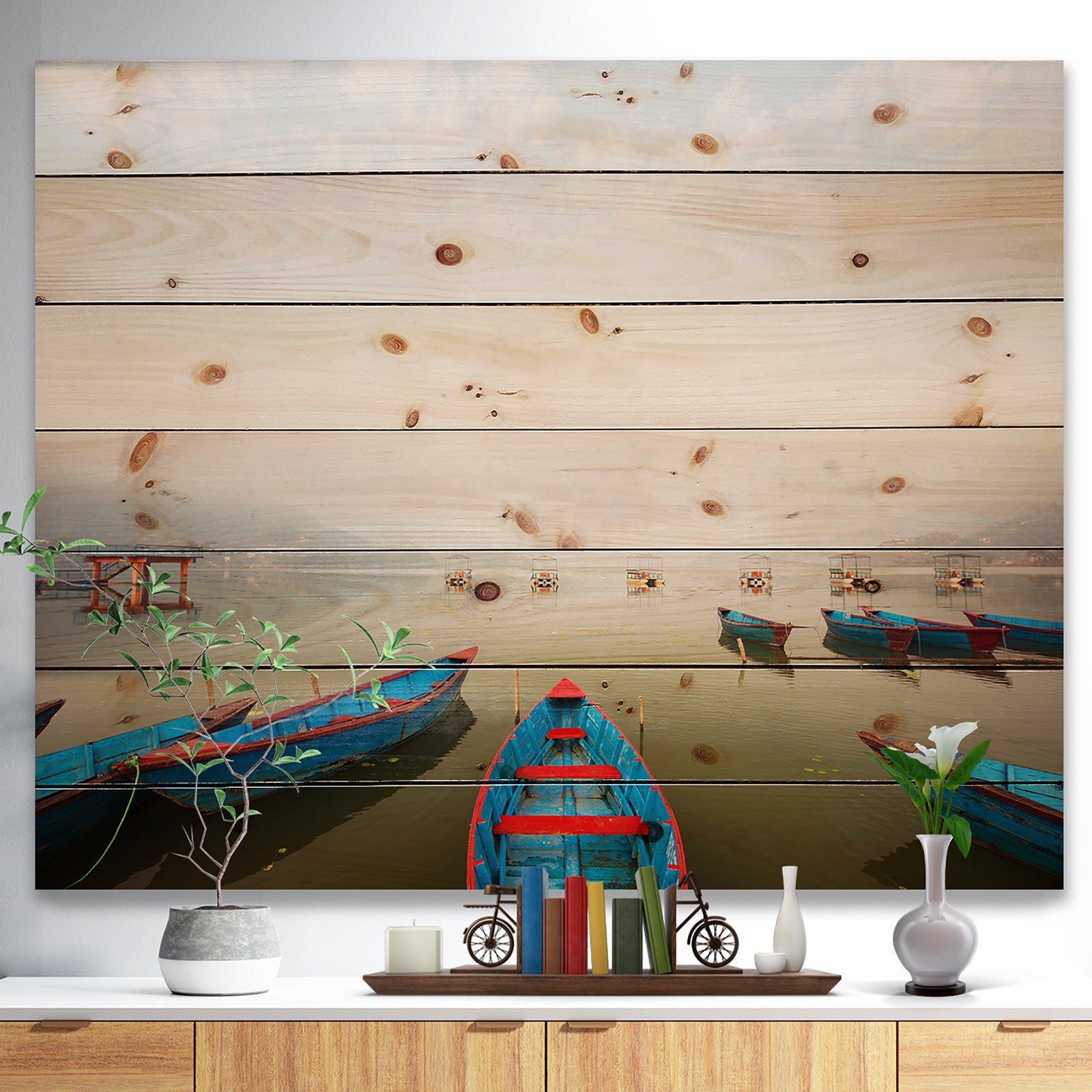 Moving Boats in Mountain Lake - Boat Print on Natural Pine Wood