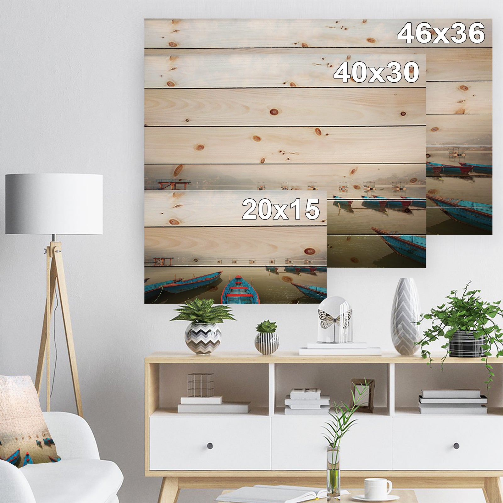 Moving Boats in Mountain Lake - Boat Print on Natural Pine Wood