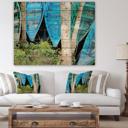 Blue Boats on Lake Phewa - Boat Print on Natural Pine Wood