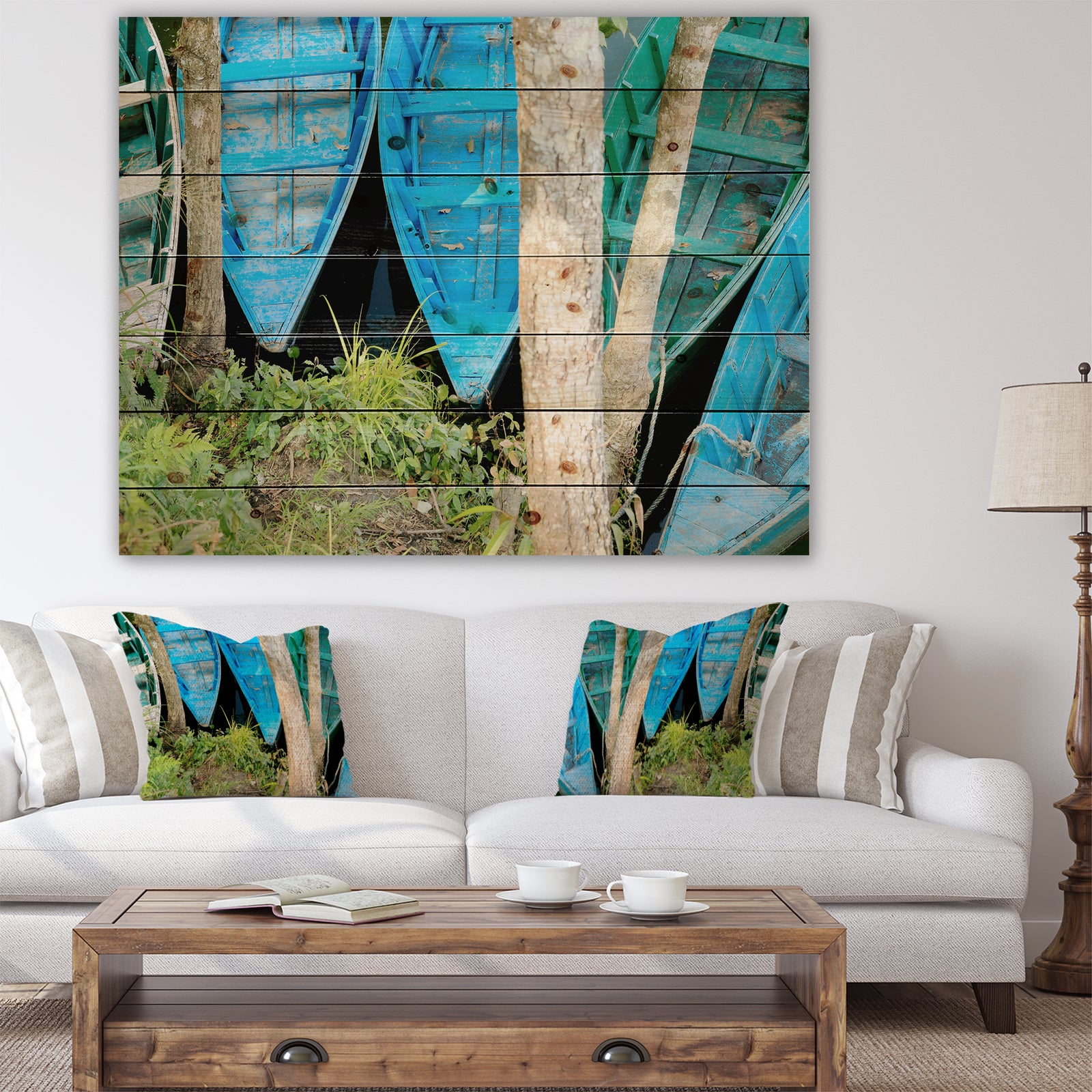 Blue Boats on Lake Phewa - Boat Print on Natural Pine Wood