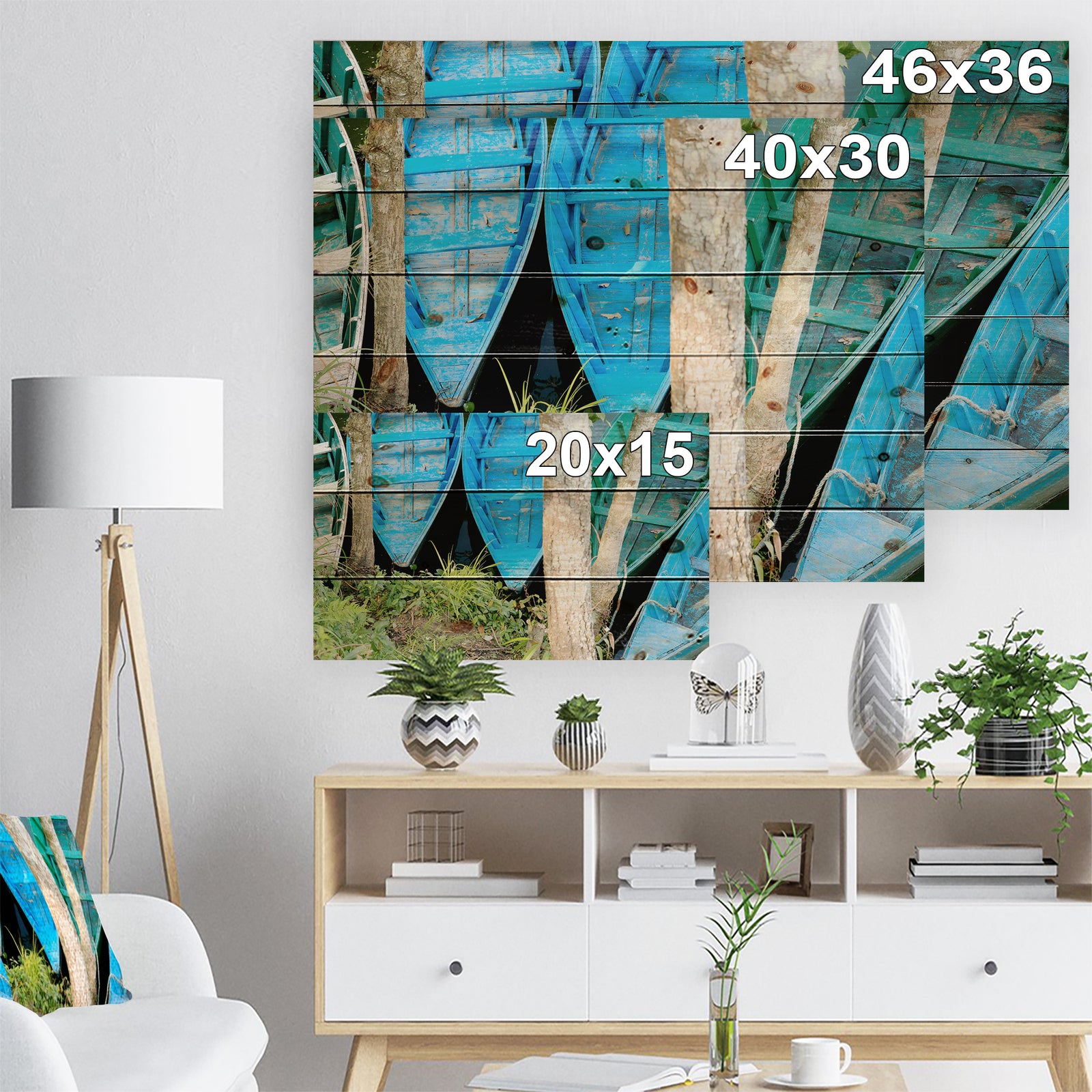 Blue Boats on Lake Phewa - Boat Print on Natural Pine Wood