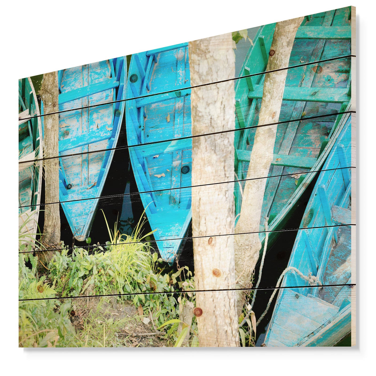 Blue Boats on Lake Phewa - Boat Print on Natural Pine Wood