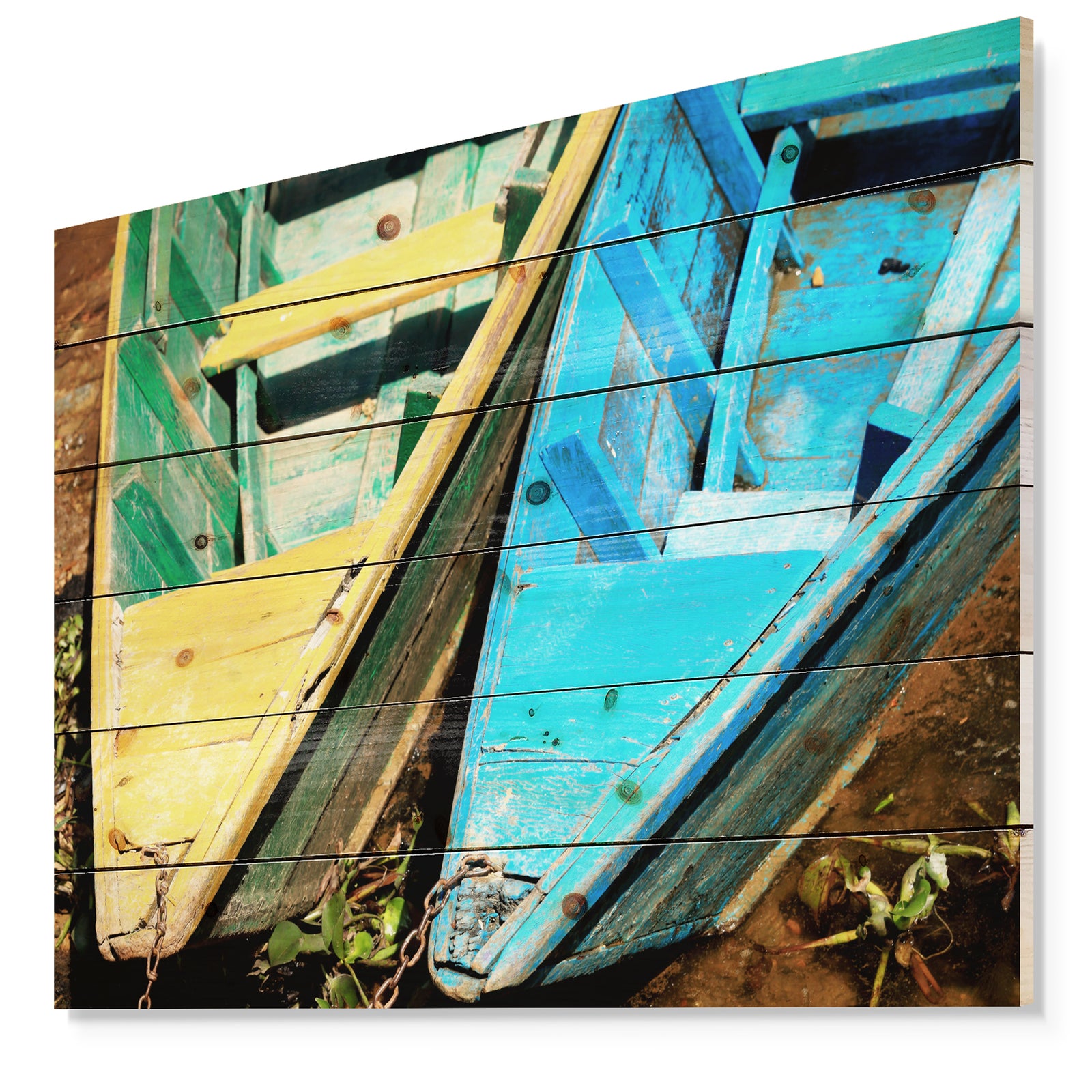 Wooden Boats on Lake Phewa - Boat Print on Natural Pine Wood