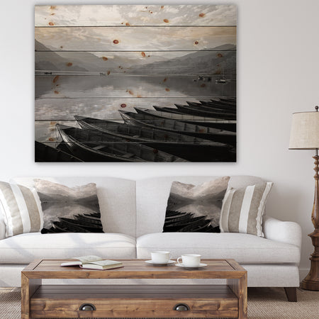 Boats Lined up on Pokhara Lake - Boat Print on Natural Pine Wood