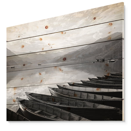 Boats Lined up on Pokhara Lake - Boat Print on Natural Pine Wood