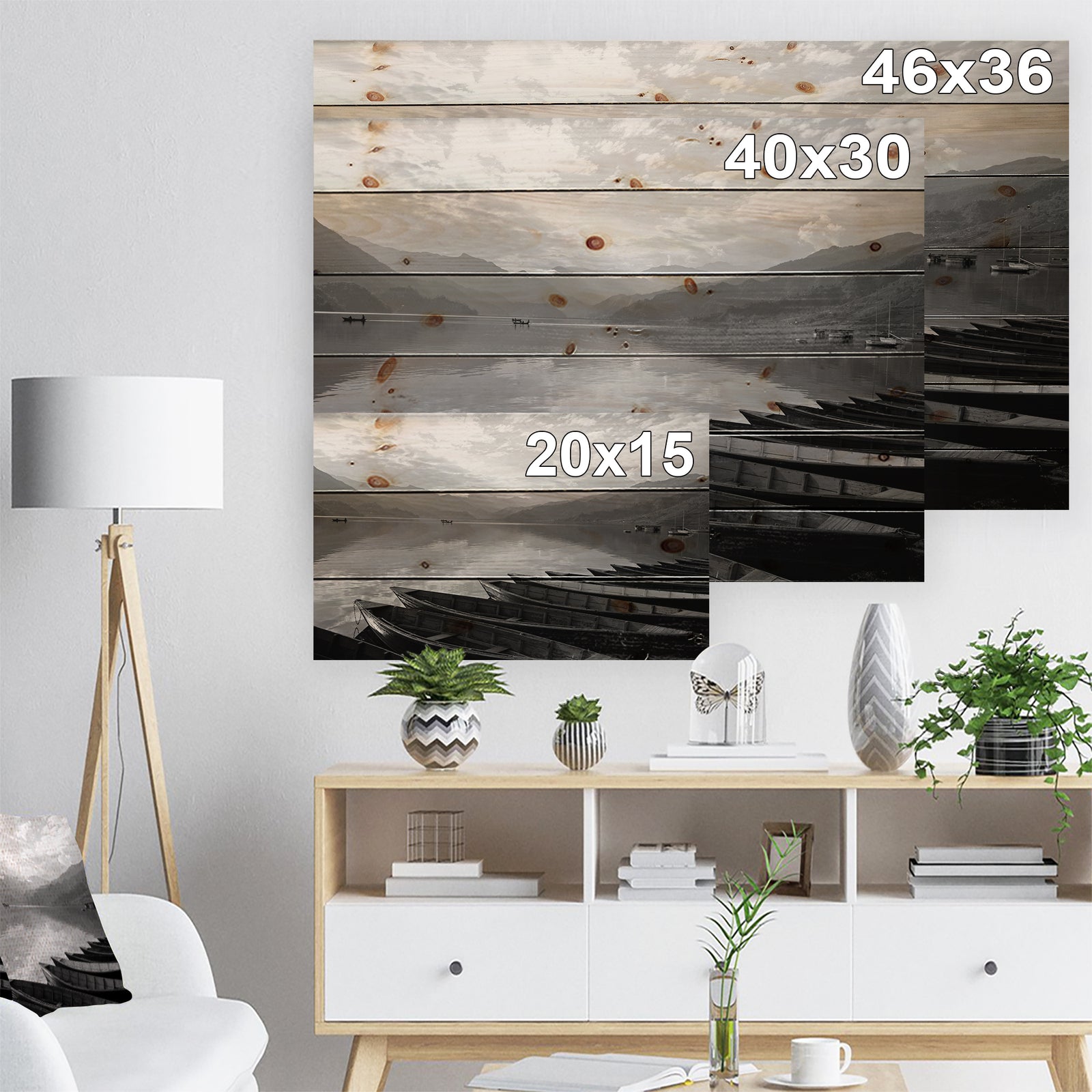 Boats Lined up on Pokhara Lake - Boat Print on Natural Pine Wood
