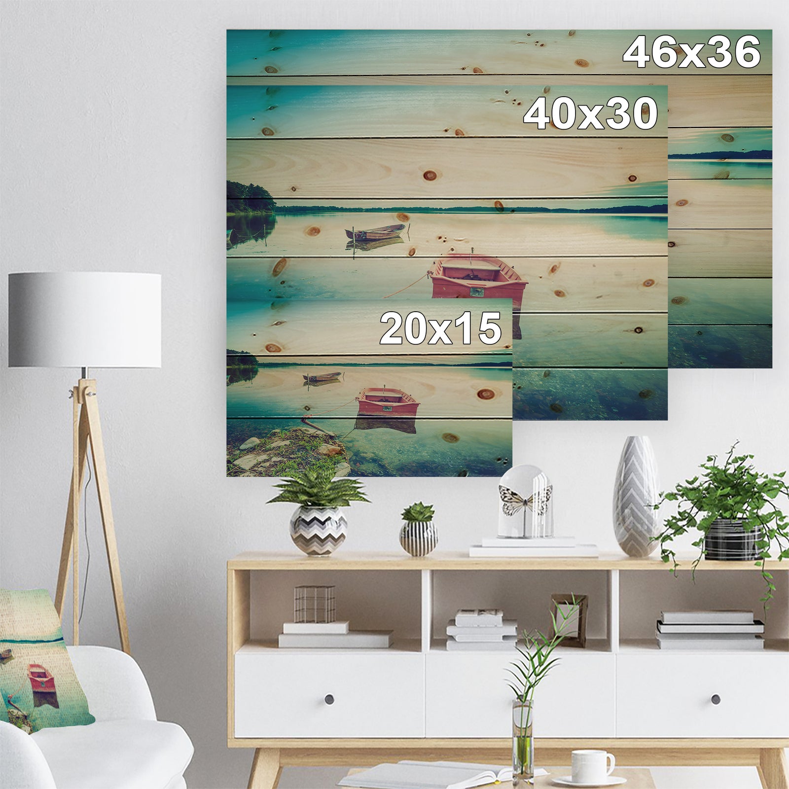 Beautiful Lake Vintage View - Boat Print on Natural Pine Wood