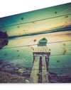 Pier and Boat in Vintage Lake - Boat Print on Natural Pine Wood