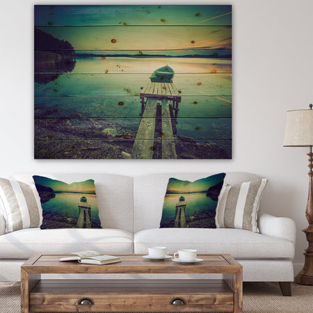 Pier and Boat in Vintage Lake - Boat Print on Natural Pine Wood