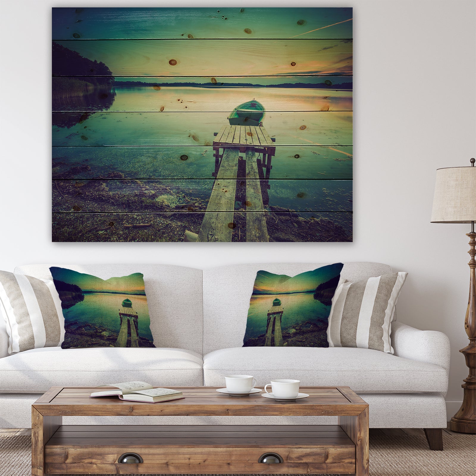 Pier and Boat in Vintage Lake - Boat Print on Natural Pine Wood
