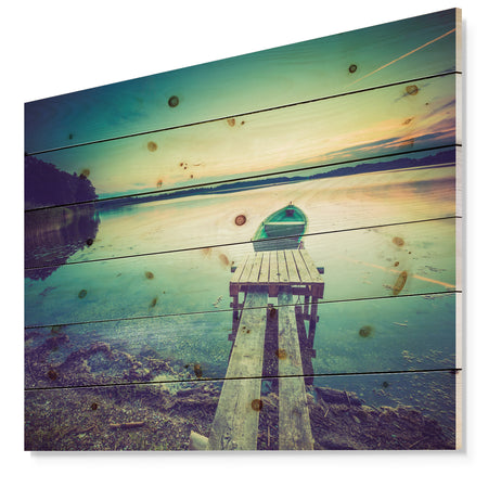 Pier and Boat in Vintage Lake - Boat Print on Natural Pine Wood