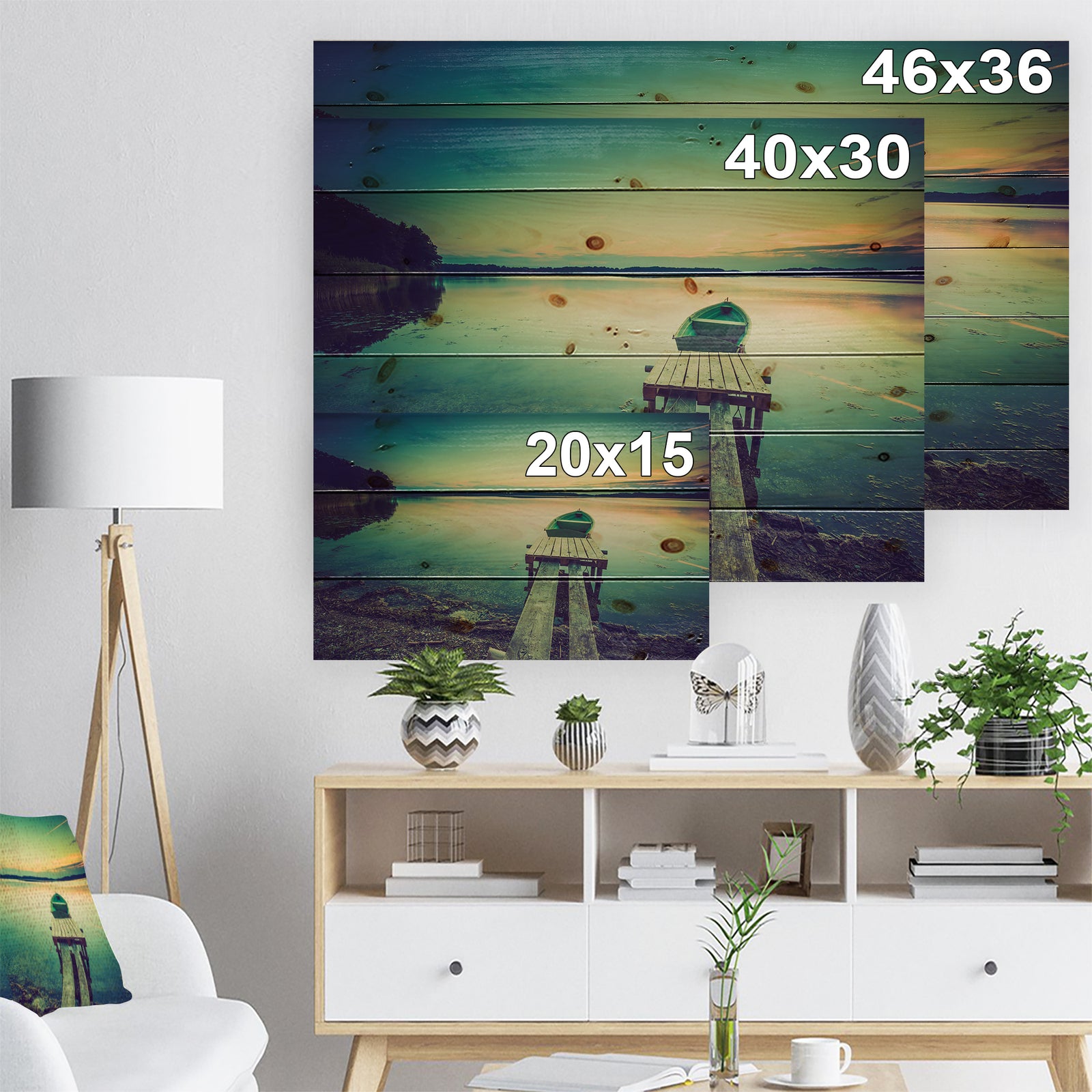 Pier and Boat in Vintage Lake - Boat Print on Natural Pine Wood