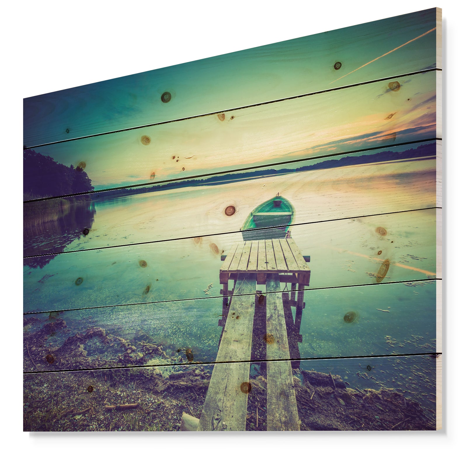 Pier and Boat in Vintage Lake - Boat Print on Natural Pine Wood