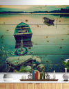 Boats in Vintage Style Lake - Boat Print on Natural Pine Wood