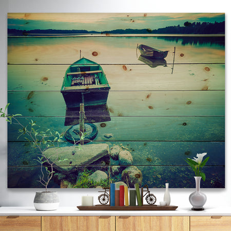 Boats in Vintage Style Lake - Boat Print on Natural Pine Wood