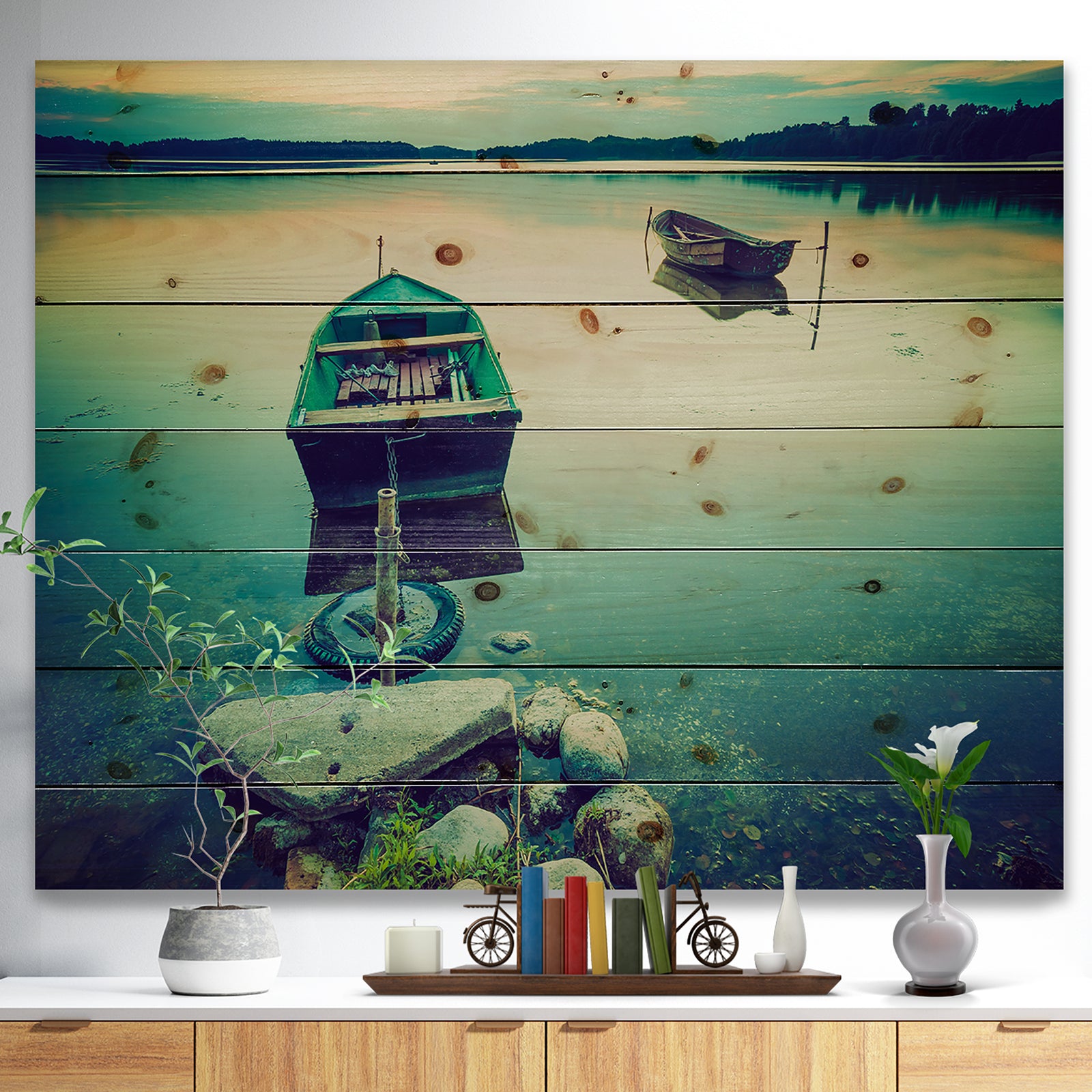 Boats in Vintage Style Lake - Boat Print on Natural Pine Wood