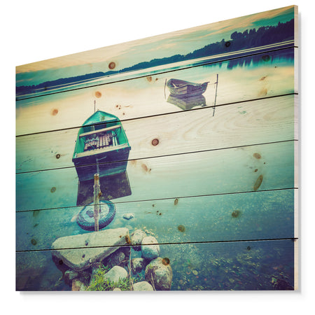 Boats in Vintage Style Lake - Boat Print on Natural Pine Wood