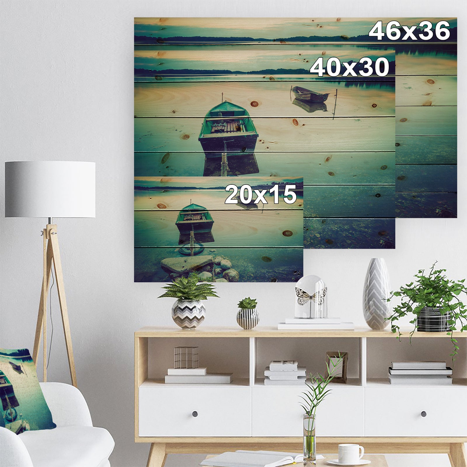 Boats in Vintage Style Lake - Boat Print on Natural Pine Wood