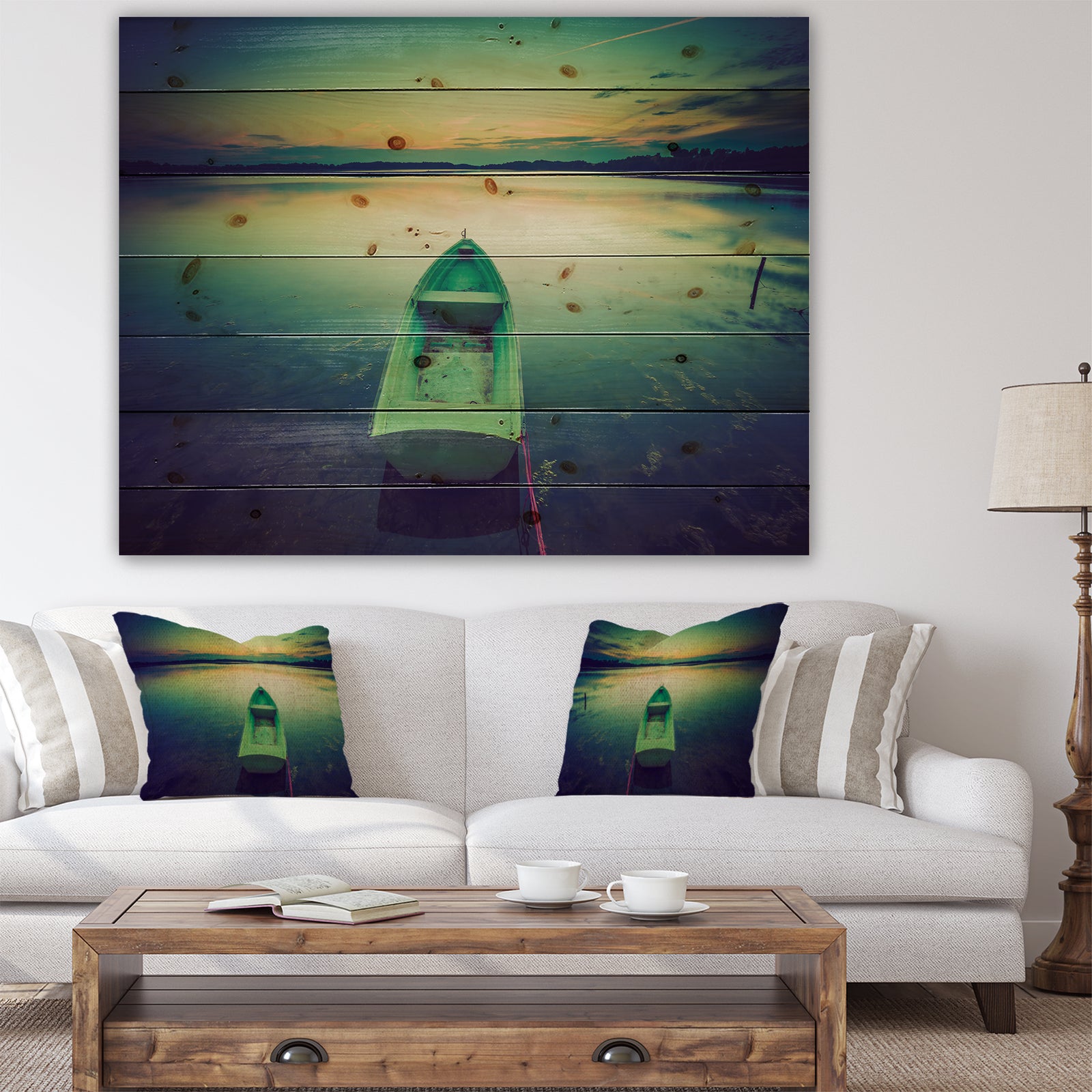 Boat at Sunset in Vintage Lake - Boat Print on Natural Pine Wood