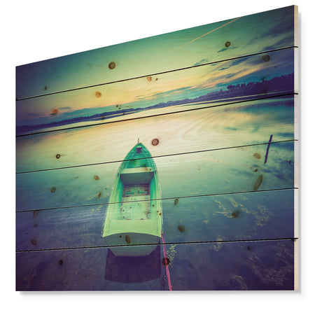Boat at Sunset in Vintage Lake - Boat Print on Natural Pine Wood